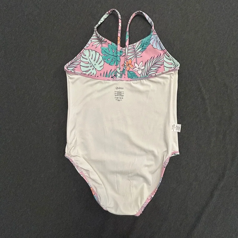Quince Girls Size 7 One Piece Swimsuit Pink Tropical Leaf Floral Print